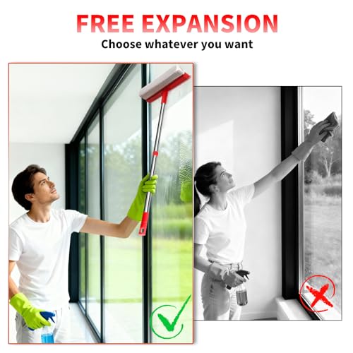 Window Squeegee with 18.5"-28.5" Retractable Handle, 2-in-1 Squeegee for Window Cleaning Tool for Cars, Trucks, Glass Doors, Shower, Outdoor Windows – Window Cleaner (Red)