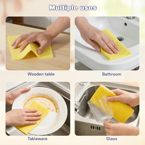 10 Pack Swedish Dishcloths, Natural Cellulose & Cotton Cleaning Cloths, Reusable, Washable & Super Absorbent for Kitchen and Bathroom