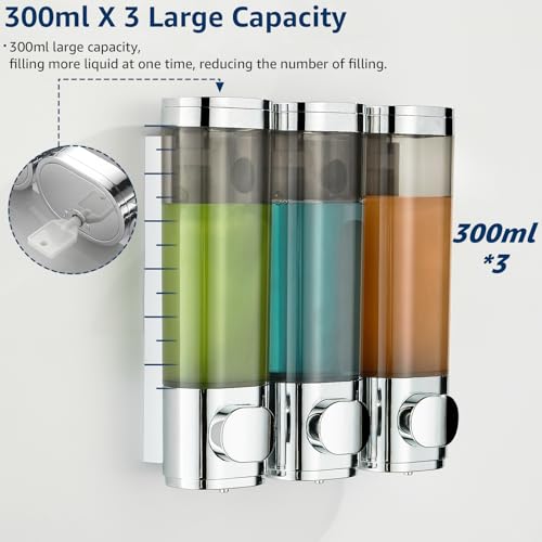 Pollock Shampoo and Conditioner Dispenser Wall Mounted, Shower Soap Dispenser 2 Chamber No Drill, Shampoo Dispenser for Shower, Body Wash Dispenser for Bathroom, Large Capacity, (Silver DG3 Chamber) - color: Silver Dg3 Chamber
