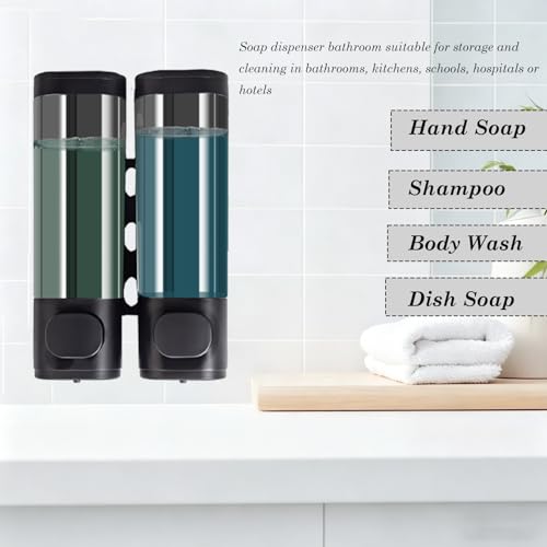 2-Chamber Black Wall Mounted Soap Dispensers, 10oz/300ML Refillable Shampoo Conditioner Shower Dispenser No Drill, Clear Plastic Manual Pump Dispenser for Bathroom Hotel Kitchen - color: 2-chamber Black