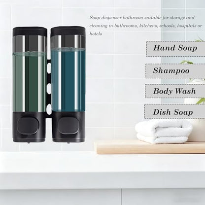 2-Chamber Black Wall Mounted Soap Dispensers, 10oz/300ML Refillable Shampoo Conditioner Shower Dispenser No Drill, Clear Plastic Manual Pump Dispenser for Bathroom Hotel Kitchen - color: 2-chamber Black