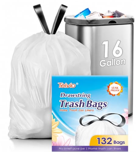 16 Gallon 132 Counts Strong Drawstring Trash Bags Garbage Bags by Teivio, Bathroom Trash Can Bin Liners, Plastic Bags for home office kitchen, White - style: 132-16Gallon-White