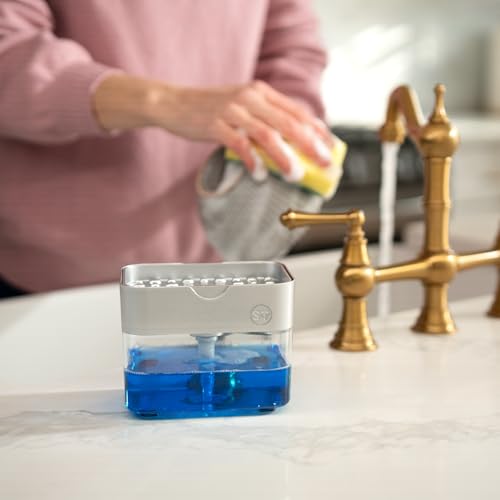 S&T INC. Dish Soap Dispenser and Sponge Holder for Kitchen Sink with Enhanced Features, Sponge Included, 13 Ounces, Silver - color: Silver