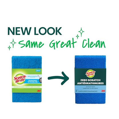 Scotch-Brite Zero Scratch Scouring Pad, Effective + Gentle Dish Scrubber for Household Cleaning, 3 Scrub Pads for Dishes, Nonstick Pots and Pans, Glass, Tubs, Showers, Reusable & Durable
