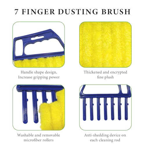 DXNQ 2 PCS Blind Cleaner Duster Tool, Window Venetian Hand-held 7 Finger Dusting Cleaner Brush, Blinds Cleaning Brush Tool for Window Shutters Air Conditioner, Car Accessories (Blue+Yellow) - color: Blue+yellow
