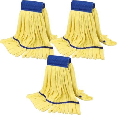 Heavy Duty Commercial Mop Head Replacement Microfiber Tube Mop Heads for Floor Cleaning: 3 Packs Looped End Wet Mop Head Refill for Home Commercial Industrial Use (Yellow) - color: Yellow-3pack