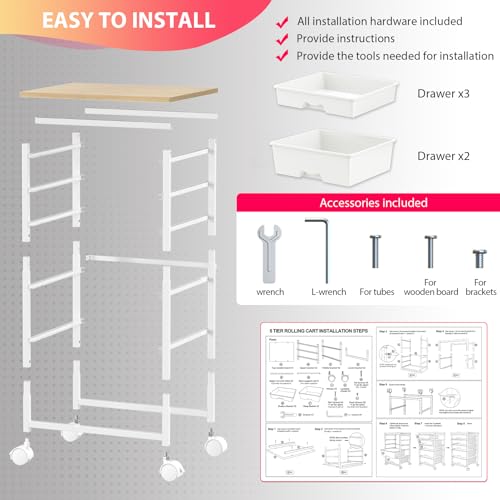 Goovilla Rolling Cart with Drawers, Utility Cart Organizer With 5 Removable Drawers and Wooden Tabletop, Lockable Rolling Storage Organizer for Art, Classroom, Home, Dorm, Office, Craft Storage, White - size: White