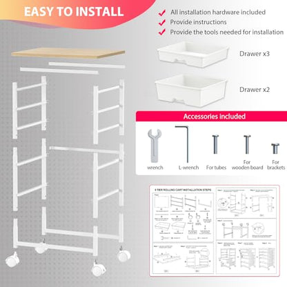 Goovilla Rolling Cart with Drawers, Utility Cart Organizer With 5 Removable Drawers and Wooden Tabletop, Lockable Rolling Storage Organizer for Art, Classroom, Home, Dorm, Office, Craft Storage, White - size: White