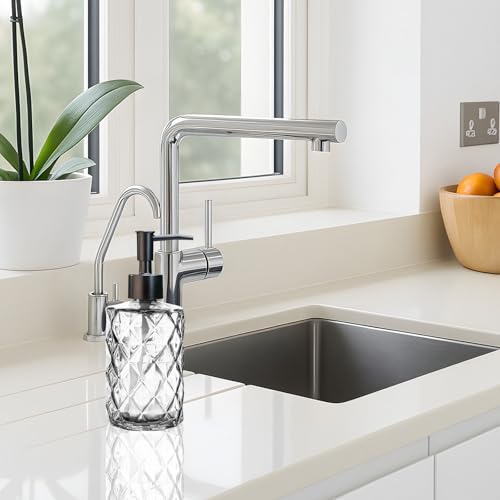 12Oz Small Glass Soap Dispenser with Black Plastic Pump, Clear Refillable Kitchen Countertop Liquid Hand Soap Dispensers with Diamond Design, Crystal Bathroom Lotion Bottle for Dispense Dish Soap - color: Clear Diamond