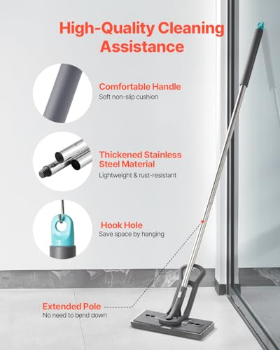 VEVOR Sponge Mop, High-Density PU Sponge Mop with 1 Pcs Sponge Mop Replacement, Easy to Squeeze Sponge Mop with Hook & Loop for Head Change, Fit for Various Floors’ Cleaning