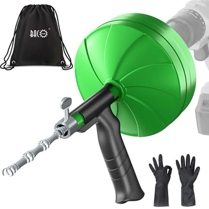 BACOENG 33Ft Drain Auger, Heavy Duty Plumbing Snake with Drill Adapter, Use Manually or Powered for Drain Clog, Shower Sink, Comes with Gloves and Bag (Green) - color: Green-33FT