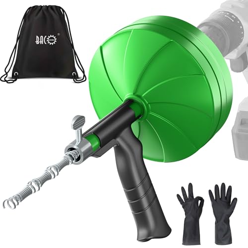 BACOENG 50Ft Drain Auger, Heavy Duty Plumbing Snake with Drill Adapter, Use Manually or Powered for Drain Clog, Shower Sink, Comes with Gloves and Bag (Green) - color: Green-50FT