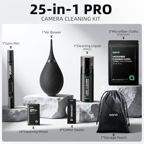 llano 7-in-1 Camera Lens Cleaning Kit with Cleaning Solution 60ml, Swab, Pen, Air Blower, Nano-Fiber Cloth, Wipes, Cleaning Kit for Computer PC MacBook iPhone Camera