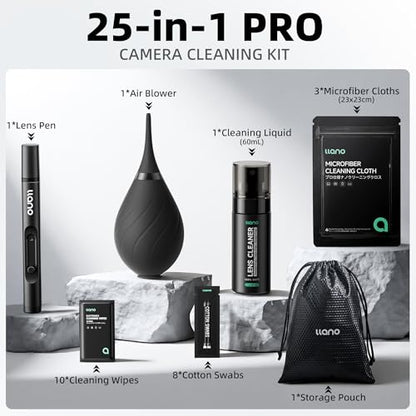 llano 7-in-1 Camera Lens Cleaning Kit with Cleaning Solution 60ml, Swab, Pen, Air Blower, Nano-Fiber Cloth, Wipes, Cleaning Kit for Computer PC MacBook iPhone Camera