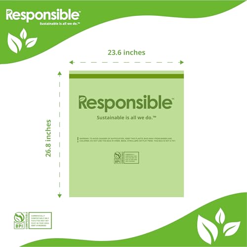 Responsible Products Kitchen Bin Liners, Certified Compostable, Heavy Duty Multipurpose Food Scrap Bags, Made from Compostable Materials (13 Gallon Drawstring, 13 Gallon (24 Count)) - size: 13 Gallon (24 Count), style: 13 Gallon Drawstring