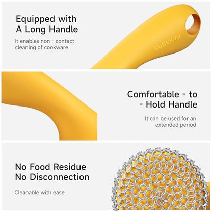 SUBEKYU Cast Iron Scrubber with Silicone Handle, Stainless Steel Skillet Cleaner for Cast Iron Pans (Yellow Scrubber + Scraper) - color: Yellow Scrubber + Scraper