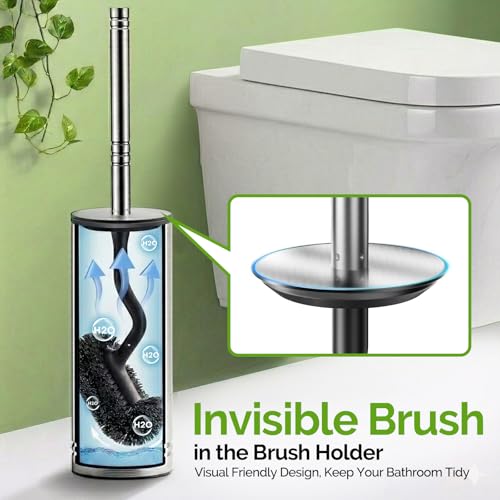 HAMITOR Toilet Brush and Holder Set: 304 Stainless Steel Heavy Duty Bowl Cleaner Brush - Deep Cleaning Under Rim Curved Bristle - Space Saving Wall-Mounted for Home RV Bathroom Accessories Silver