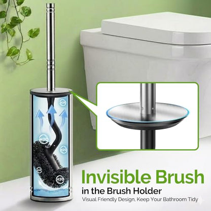 HAMITOR Toilet Brush and Holder Set: 304 Stainless Steel Heavy Duty Bowl Cleaner Brush - Deep Cleaning Under Rim Curved Bristle - Space Saving Wall-Mounted for Home RV Bathroom Accessories Silver