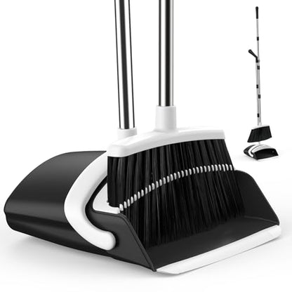 Broom and Dustpan Set for Home, 51-in Long Adjustable Handle Angle Broom and Dustpan Combo Set with Dust Pan Teeth to Clean Hair for Home Kitchen Office Lobby Floor Garden (Black&White) - color: Black White