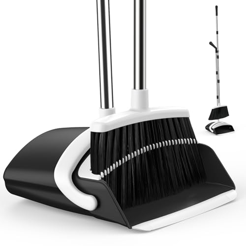 Broom and Dustpan Set for Home, 51-in Long Adjustable Handle Angle Broom and Dustpan Combo Set with Dust Pan Teeth to Clean Hair for Home Kitchen Office Lobby Floor Garden (Black&White) - color: Black White