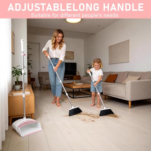 Broom with Dustpan Combo Set for Home, 52-in Long Adjustable Handle Angle Broom and Dustpan Set with Dustpan Comb Teeth for Sweeping Pet Hair Food Dirt Kitchen (White-Pink) - color: White-pink
