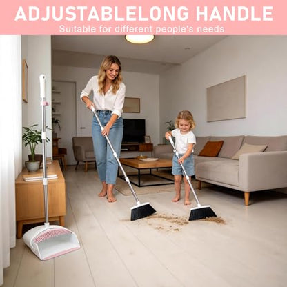 Broom with Dustpan Combo Set for Home, 52-in Long Adjustable Handle Angle Broom and Dustpan Set with Dustpan Comb Teeth for Sweeping Pet Hair Food Dirt Kitchen (White-Pink) - color: White-pink