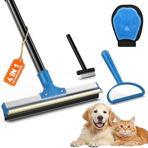 4-in-1 Pet Hair Removal Tool Set - Dual-Head Carpet Rake & Floor Scraper, Small Carpet Scraper, Pet Hair Glove, Matted Hair Rake for Dogs & Cats, Multi-Scene Pet Supplies for Sofa, Carpet, Floor,Blue - color: Blue