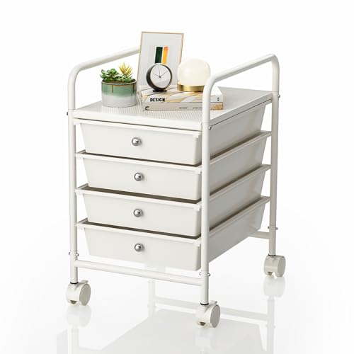 4-Tier Utility Cart with 4 Drawers, Rolling Utility Cart with 2 Lockable Caster Wheels, Multipurpose Mobile Rolling Drawer Cart for Office Bathroom Kitchen, Ivory White - size: White, 4-Tier