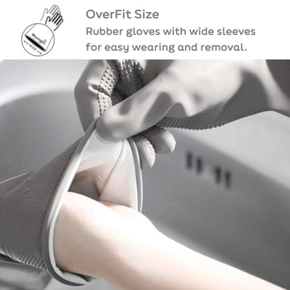 Myungjin 2 Pairs Reusable Waterproof Non-Slip Honeycomb Grip Latex Rubber Gloves with Hang-Dry Hooks/Hanging Loops for Dishwashing Household Cleaning Cooking (Medium OverFit) - size: Medium (OverFit)