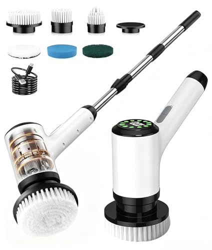 Electric Spin Scrubber, Cordless Cleaning Brush with 6 Replaceable Heads, Adjustable Long Handle, IPX7 Waterproof Lightweight Power Scrubber for Bathroom Tile Grout Tub Shower, White-le1 - size: 6heads