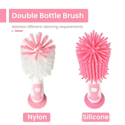 Ariseno 5-in-1 Baby Bottle Brush Set, Including Nylon and Silicone Bottle Brush, Cap, Straw, Nipple Brushes, BPA-Free (Pink) - color: Pink-nylon Silicone