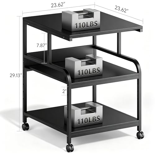 Warmiehomy Printer Stand, 24''×24''×29'' Large Printer Table for Home Office with Locking Casters, Sturdy 3-Tier Rolling Cart with Adjustable Shelf, Mini Fridge Stand, Home Office Essentials, Black - color: Black, size: 3-Tier 23.62"W x 23.62"D x 29.13"H