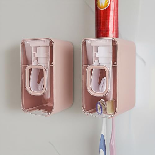 2 Slot Toothbrush Holder and Toothpaste Dispenser Wall Mounted, Automatic Toothpaste Squeezer, 2 in 1 Tooth Brush Toothpaste Organizer for Shower (Pink 2Pack) - color: Pink 2pack, size: 2