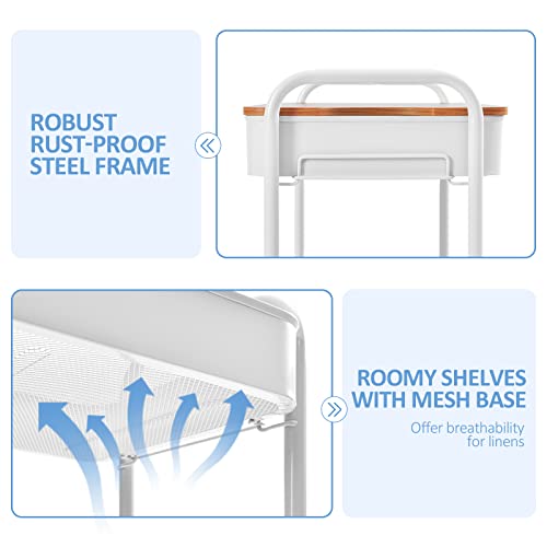 TOOLF 3-Tier Rolling Cart with Table Top, Metal Storage Cart on Wheels, Utility Organizer with Wooden Tray, Lockable Casters, Easy Assembly for Bathroom, Living Room, Office, Kitchen, White - color: White