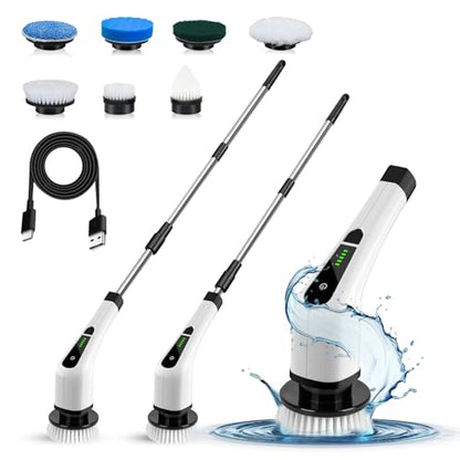 Electric Spin Scrubber, Cordless Scrubber with 7 Replaceable Cleaning Brushes and Dual Speed, Shower Cleaning Brush, Power Scrubber with Adjustable & Detachable Handle for Cars Bathroom Kitchen