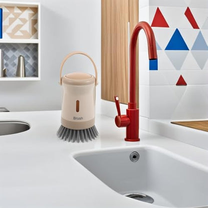 Homoyoyo Dish Scrubber with Soap Dispenser Kitchen Brush for Pots and Pans Cream Color Multi-use Liquid Dispensing Dishwasher Brush for Home Cleaning