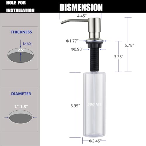 Sink Soap Dispenser Brushed Nickel, Soap Dispenser for Kitchen Sink Stainless Steel Refill from The Top Built in Sink Soap Dispensers with 17 OZ Soap Bottle - color: Brushed Nickel