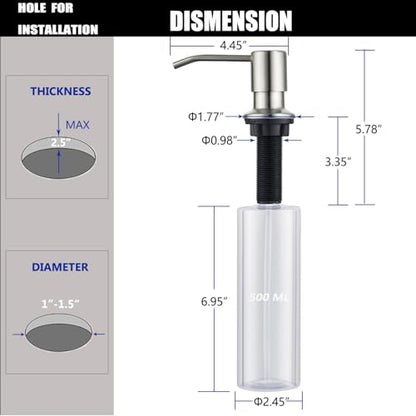 Sink Soap Dispenser Brushed Nickel, Soap Dispenser for Kitchen Sink Stainless Steel Refill from The Top Built in Sink Soap Dispensers with 17 OZ Soap Bottle - color: Brushed Nickel