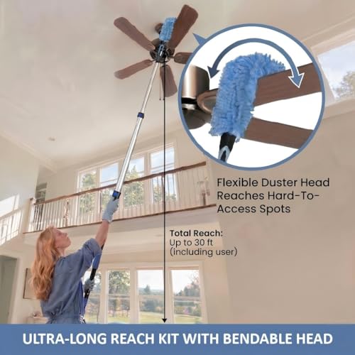 30ft High Ceiling Duster Kits with 5-24ft Heavy Duty Extension Pole - Fan Blade Cleaner, Cobweb Remover & Blue Window Squeegee Kit, Washable Dust Brush for High Roof and Glass Surfaces - size: 24FT