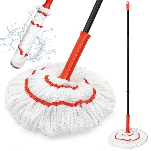 TidyBliss Self Wringing Twist Mop for Floor Cleaning, 57.5 inches Long Handle Cotton String Mop with Wringer, Washable Microfiber Wet Mop with Scouring Pad for Hardwood, Tile, Bathtub, Kitchen - size: 57.5 inches