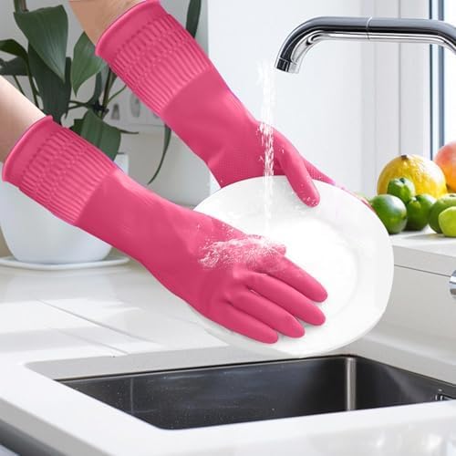 Rubber Gloves for Cleaning with Long Cuffs Waterproof Dishwashing Household Gloves with Grip for Kitchen Bathroom - color: 3PC-Multicolor, size: Small