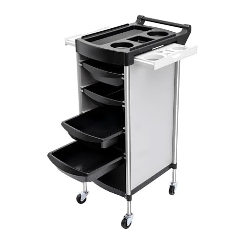 Salon Trolley Cart with Wheels, 6-Tier Beauty S-alon Cart with 4 Drawers, Space-Saving Rolling Salon Versatile Utility Cart, Open Top Floor, 110.23lbs Load-Bearing, Retractable Trays (White+Black) - color: White+black