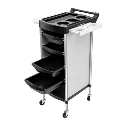 Salon Trolley Cart with Wheels, 6-Tier Beauty S-alon Cart with 4 Drawers, Space-Saving Rolling Salon Versatile Utility Cart, Open Top Floor, 110.23lbs Load-Bearing, Retractable Trays (White+Black) - color: White+black