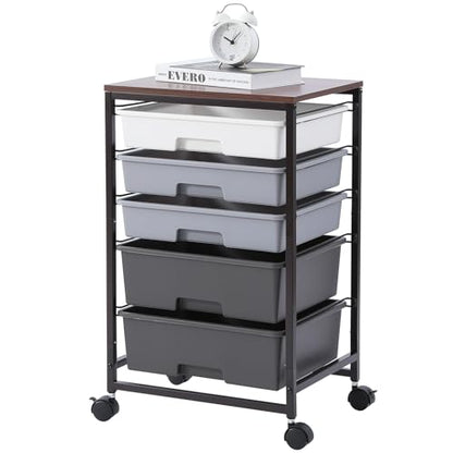 SYKIARIOL Utility Cart with 5 Drawers,Storage Drawer Cart with Wooden Tabletop and Lockable Wheels,Craft Storage Trolley Cart,5-Tier Rolling Utility Cart on Wheels,Dark Grey - color: Dark Grey