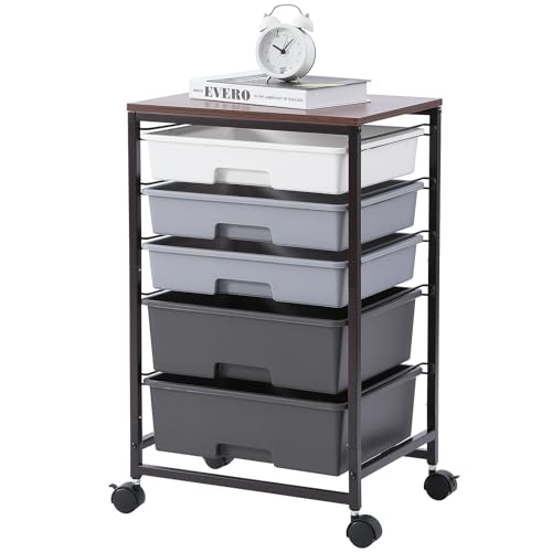 SYKIARIOL Utility Cart with 5 Drawers,Storage Drawer Cart with Wooden Tabletop and Lockable Wheels,Craft Storage Trolley Cart,5-Tier Rolling Utility Cart on Wheels,Dark Grey - color: Dark Grey