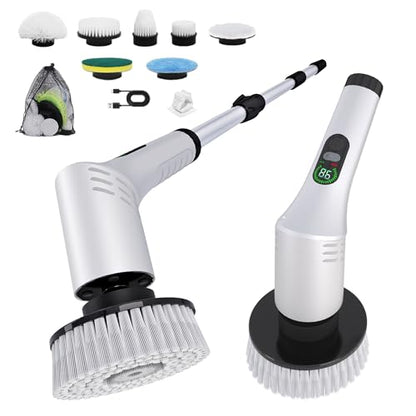 Electric Spin Scrubber,Cleaning Scrubber Brush Electric for Home with Power LCD Display,Cordless Bathroom Scrubber for Bathroom Tile Glass Cleaning,Adjusted Head Angle with 7 Replaceable Heads