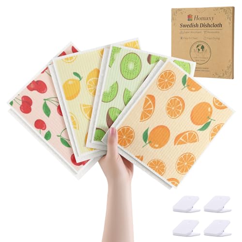 Homaxy Swedish Dishcloths for Kitchen, 8 Pack Fruit Reusable Paper Towels with Clips, Absorbent Cellulose Sponge Dish Cloths for Washing Dishes, Non-Scratch & Odor-Free Dish Rags - color: Fruit, size: 8 PACK