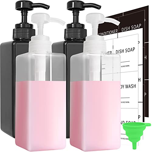Soap Dispenser with Waterproof Labels, Thickened Plastic Hand Soap Dispenser for Bathroom, Kitchen Dish Washing Liquid Bottles, Shampoo and Conditioner Bottles with Funnel (16oz 4Pack Black Clear) - color: 2 Black + 2 Clear