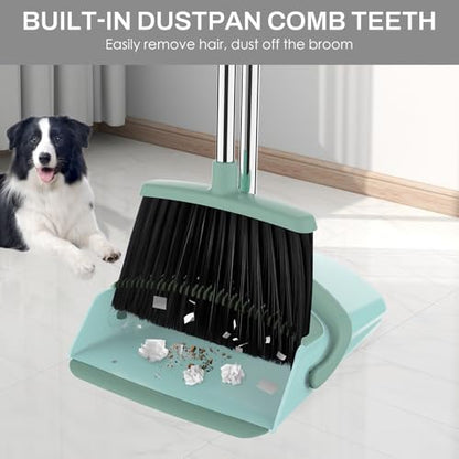 Broom and Dustpan Set for Home, 51-in Long Adjustable Handle Angle Broom and Dustpan Combo Set with Dust Pan Teeth to Clean Hair for Home Kitchen Office Lobby Floor Garden, Green - color: Green Grey
