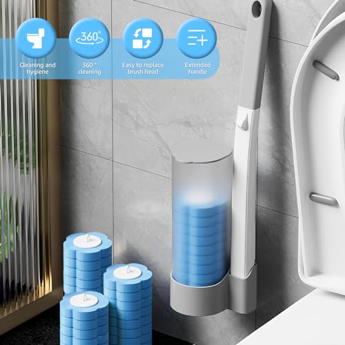 Toilet Brush Cleaning Kit with 18 Toilet Brush Refills Wall Mounted Toilet Bowl Cleaner Brush with Handle Adhesive Toilet Bowl Brush Storage Caddy with Storage Holder and Sticky Toilet Bowl Cleaner - color: Gray+18 Brush Heads